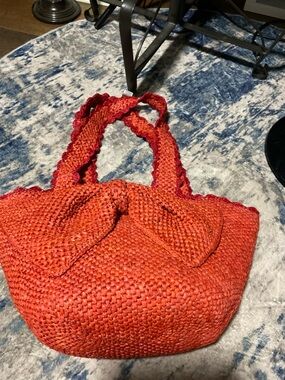 Handwoven Orange Straw Tote Bag with Knotted Handles